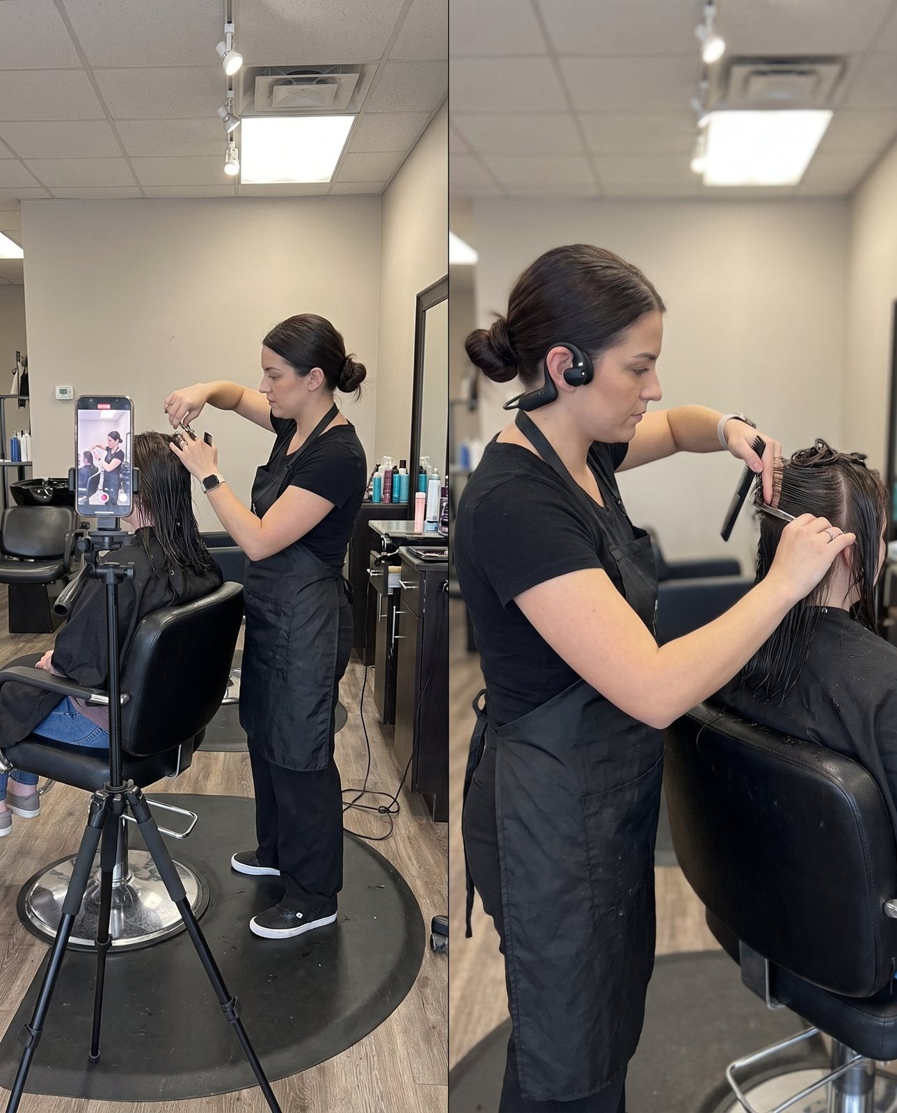 A phone on a tripod beside the chair compared with a stylist wearing ChairClips